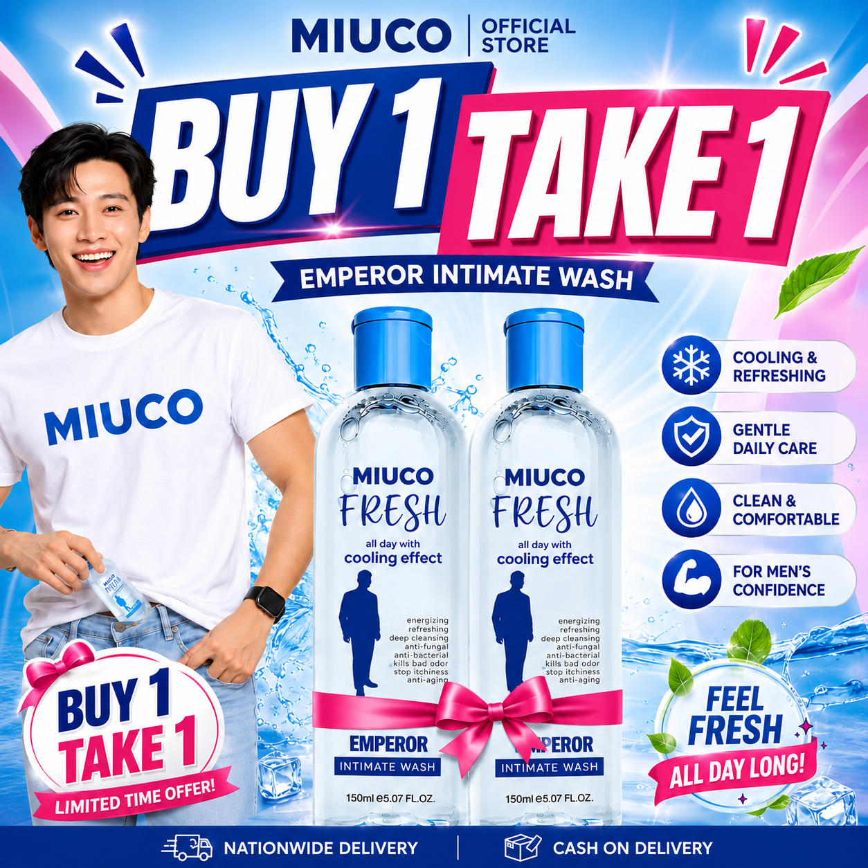 MIUCO Emperor Cooling Intimate Wash 150ml – BUY 1 TAKE 1 | Refreshing Daily Hygiene & Fresh Care