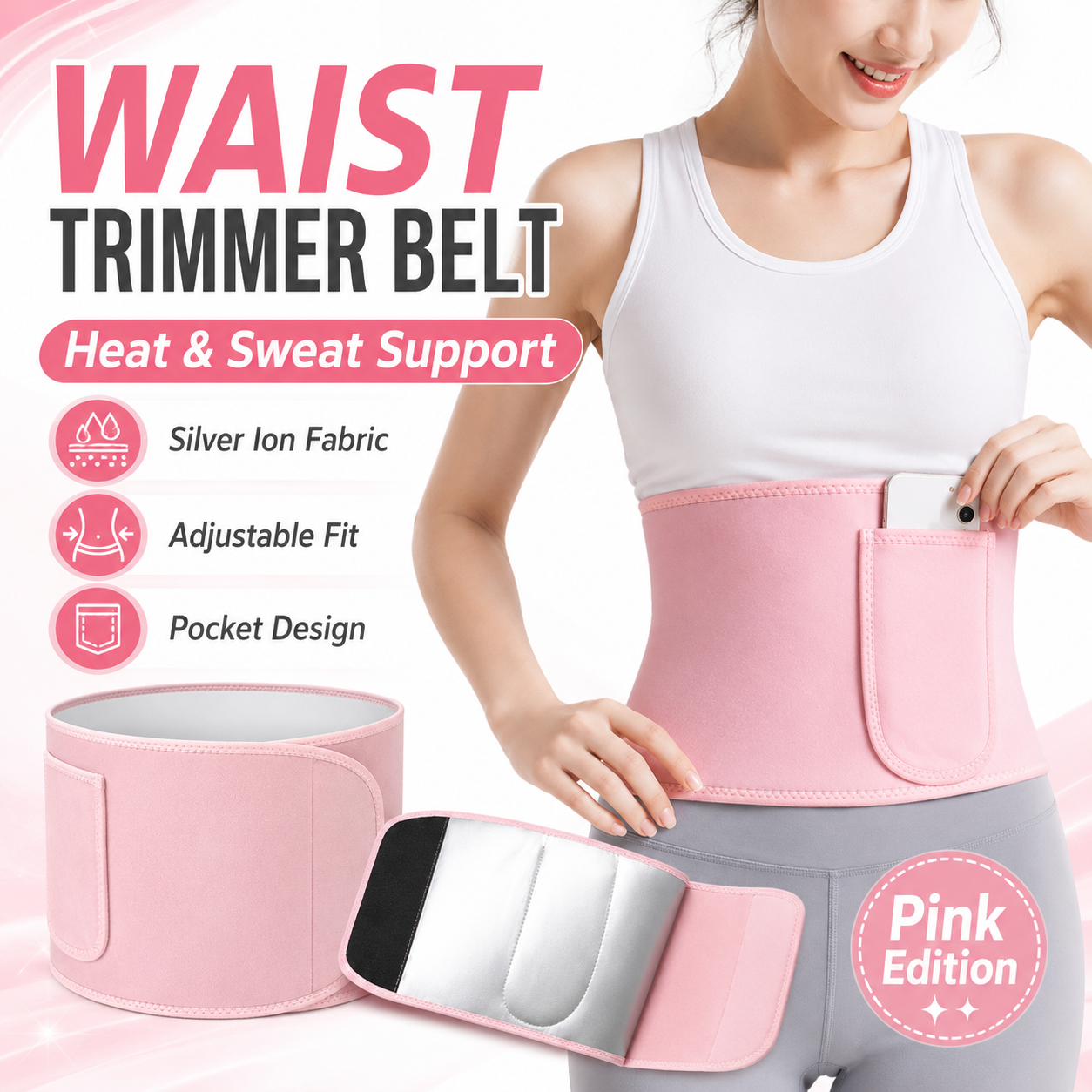 Women’s Waist Trimmer Sweat Belt with Silver Ion Lining, Adjustable Workout Waist Wrap with Phone Pocket – Pink/Black