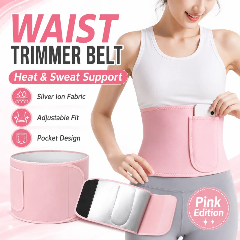 Women’s Waist Trimmer Sweat Belt with Silver Ion Lining, Adjustable Workout Waist Wrap with Phone Pocket – Pink/Black